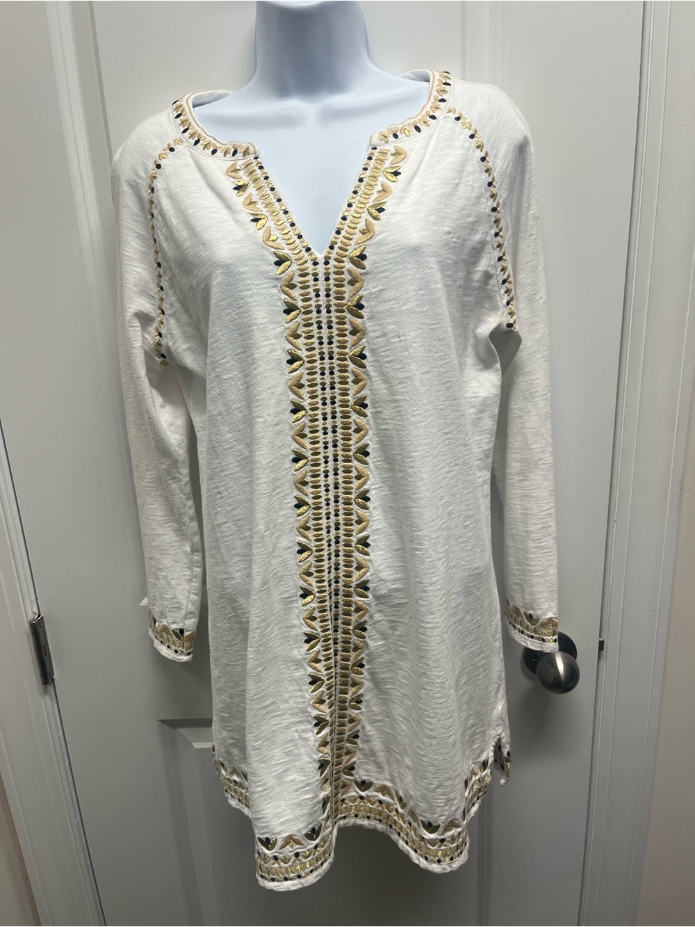 Boden Edie Jersey Kaftan Dress M White Metallic Gold Embroidered Tunic